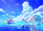  :d aoiro closed_eyes cloud commentary_request day fang gen_1_pokemon gen_7_pokemon happy highres lapras looking_back open_mouth outdoors pokemon pokemon_(creature) primarina rowlet skin_fang sky smile splashing swimming tongue torracat water 