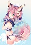  1girl animal_ears armpit_crease ass azur_lane bare_shoulders beret bikini fox_ears fox_girl fox_tail gradient_hair green_eyes hanazuki_(azur_lane) hat long_hair looking_at_viewer looking_back multicolored_hair pink_hair sailor_bikini sailor_collar shirokitsune side-tie_bikini smile solo swimsuit tail wading water white_bikini white_headwear wrist_cuffs 