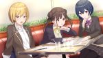  3girls :o bag bangs bendy_straw black_hair black_jacket black_legwear blonde_hair bow breasts brown_eyes brown_hair brown_sweater collared_shirt commentary_request couch cup diagonal_stripes double_bun drinking_glass drinking_straw eyebrows_visible_through_hair grey_skirt hair_between_eyes idolmaster idolmaster_shiny_colors jacket long_hair long_sleeves medium_breasts morino_rinze multiple_girls neck_ribbon o_(rakkasei) open_mouth pantyhose parted_lips pink_bow plaid plaid_skirt pleated_skirt purple_eyes red_eyes ribbon saijou_juri school_bag school_uniform shirt short_hair sitting skirt sleeves_past_wrists small_breasts sonoda_chiyoko striped striped_bow studying sweater sweater_vest table twintails white_shirt yellow_ribbon 