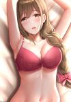  1girl :d armpits arms_up azukiman bangs bed_sheet blush bow bra braid breasts brown_eyes brown_hair cleavage collarbone commentary_request eyebrows_visible_through_hair from_above hair_bow hair_over_shoulder highres huge_filesize idolmaster idolmaster_shiny_colors kuwayama_chiyuki large_breasts long_hair looking_at_viewer lying navel on_back on_bed open_mouth pink_bow pink_bra revision single_braid smile solo stomach underwear underwear_only upper_body 