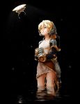  1girl arm_armor black_background blonde_hair breasts brown_eyes bug cowboy_shot dress gagame hair_between_eyes headgear highres insect light long_hair moth original parted_lips ponytail short_dress simple_background small_breasts solo standing teeth very_long_hair water wet white_dress 