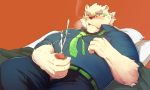  2020 anthro bodily_fluids bottomwear censored clothing cum ejaculation eyewear genital_fluids genitals glasses hi_res humanoid_hands kemono leib_(tas) male mammal necktie overweight overweight_anthro overweight_male pants penis polar_bear r_e_g_i_t shirt smoking solo tokyo_afterschool_summoners topwear ursid ursine video_games 