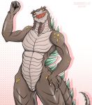  anthro anthrofied brown_body claws fangs godzilla godzilla_(series) male open_mouth open_smile orange_eyes simple_background smile solo spikes toho vipery-07 