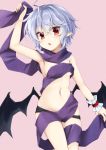  1girl :o ahoge akisome_hatsuka arm_up armpits bat_wings black_panties blue_hair breasts commentary_request contrapposto cropped_legs eyebrows_visible_through_hair groin hair_between_eyes head_tilt holding_scarf light_blush lowleg lowleg_panties navel panties pink_background pointy_ears purple_scarf red_eyes remilia_scarlet scarf short_hair simple_background skindentation small_breasts standing topless touhou underboob underwear underwear_only wings wrist_cuffs 