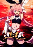  1boy abs absurdres arm_up armpits astolfo_(fate) astolfo_(saber)_(fate) bangs bare_shoulders black_bow black_gloves black_legwear black_neckwear black_panties black_ribbon black_skirt blush bow bowtie crop_top detached_sleeves elbow_gloves fang fate/grand_order fate_(series) faulds gloves gradient_sky hair_bow hair_intakes harii_(janib5kc) highres long_hair looking_at_viewer low_twintails multicolored_hair navel open_mouth orange_sky otoko_no_ko panties pink_hair purple_eyes ribbon skin_fang skirt sky smile streaked_hair thighhighs thighs twilight twintails underwear white_hair wide_sleeves wing_collar 