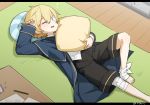  1boy bandage_over_one_eye bandaged_arm bandaged_feet bandaged_knees bandages black_shorts blonde_hair blue_capelet blue_jacket bubble capelet closed_eyes hand_up holding_cushion jacket lying male_focus minahoshi_taichi oliver_(vocaloid) on_back open_mouth pencil shirt shorts sleeping solo table vocaloid white_shirt wooden_floor 