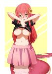  absurd_res accessory bangs big_breasts blush bottomwear breasts clothed clothing clothing_lift embarrassed female hair hair_accessory hi_res humanoid humanoid_pointy_ears lamia living_tail long_hair looking_at_viewer miia_(monster_musume) monster_girl_(genre) monster_musume navel open_mouth oppaihobby pink_bottomwear pink_clothing pink_skirt red_body red_hair red_scales red_tail reptile scales scalie serpentine shirt shirt_lift short_sleeves simple_background skirt snake snake_tail solo topwear undressing yellow_background 