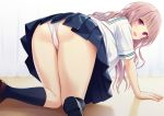  1girl all_fours ass bangs banned_artist blue_legwear blue_skirt blunt_bangs blush eyebrows_behind_hair from_behind highres indoors kneehighs long_hair looking_at_viewer looking_back n.g. open_mouth original panties pantyshot pink_eyes pink_hair pleated_skirt school_uniform serafuku short_sleeves skirt smile solo thighs underwear white_panties 