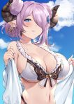  1girl bangs bare_shoulders bikini blue_eyes blue_hair blue_sky blush breasts cleavage collarbone double_bun draph earrings granblue_fantasy haido_(ryuuno_kanzume) hair_ornament hair_over_one_eye heart heart-shaped_pupils highres horns jacket jewelry large_breasts lavender_hair long_hair looking_at_viewer narmaya_(granblue_fantasy) navel off_shoulder open_clothes open_jacket parted_lips pointy_ears sky swimsuit symbol-shaped_pupils white_bikini white_jacket 