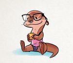  2020 anthro black_nose brown_body brown_fur clothed clothing dot_eyes eyewear food fully_clothed fur glasses holding_food holding_object lutrine mammal mustelid ribbontini signature simple_background sitting smile solo white_background 