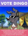  anthro blinky_bill_(series) canid canine canis clothed clothing danny_dingo day digital_media_(artwork) dingo dragonboy618 exposed_chest eyewear humor jacket male mammal necktie open_mouth poster smile solo sunglasses topwear 