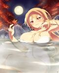  1girl autumn_leaves bare_shoulders bath blonde_hair blush breasts cleavage floating_breasts holding holding_leaf large_breasts leaf long_hair looking_at_viewer maple_leaf mouth naked_towel nude onsen open_mouth red_eyes senran_kagura senran_kagura_new_wave smile solo souji_(senran_kagura) towel very_long_hair water yaegashi_nan 