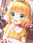  1girl :d bangs blonde_hair blue_eyes blunt_bangs blush breasts cake close-up collarbone commentary_request covering_mouth dress eyebrows_visible_through_hair food fruit gochuumon_wa_usagi_desu_ka? hair_ribbon hand_over_own_mouth holding holding_plate indoors kirima_sharo looking_at_object mozukun43 open_mouth plate ribbon shiny shiny_hair short_hair short_sleeves small_breasts smile solo strawberry tears translation_request twitter_username wavy_hair yellow_dress 