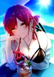  1girl bangs bare_shoulders bikini black_bikini blush breasts collarbone day eyebrows_visible_through_hair h56tom hair_ribbon heterochromia highres hololive houshou_marine jewelry large_breasts long_hair looking_at_viewer necklace off_shoulder outdoors red_eyes red_hair ribbon smile solo swimsuit table twintails virtual_youtuber wet yellow_eyes 