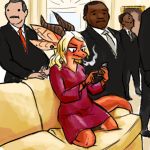  age_difference anthro clothing dark_skin dragon dress_shirt female formal group horn human humor inside kellyanne_conway kneeling male mammal multi_ear older_male on_couch on_phone orange_body orange_scales orange_tail prawst president president_office pun real scales scalie shirt smoking suit texting topwear v-shaped_eyebrows western_dragon 