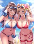  2girls absurdres adjusting_eyewear ball bangle bangs beach beatrix_(granblue_fantasy) bikini blonde_hair blue-framed_eyewear blue_bikini blue_eyes blush bracelet breasts brown_eyes brown_hair cleavage collarbone detached_collar eyewear_on_head flower granblue_fantasy hair_flower hair_intakes hair_ornament hair_scrunchie hand_on_another&#039;s_shoulder hand_on_hip highres jewelry large_breasts leaning_forward long_hair looking_at_viewer meropan multiple_girls navel ocean open_mouth parted_lips ponytail red-framed_eyewear red_bikini scrunchie smile sunglasses swimsuit thigh_strap twintails wrist_cuffs zeta_(granblue_fantasy) 