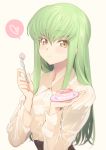  1girl :i alternate_costume bangs blush c.c. cake casual closed_mouth code_geass collared_shirt creayus eating eyebrows_visible_through_hair food fork green_hair heart holding holding_fork holding_plate long_hair long_sleeves looking_at_viewer plate shirt sidelocks simple_background solo speech_bubble spoken_heart white_background yellow_eyes yellow_shirt 
