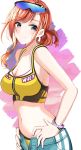  1girl arisugawa_natsuha bare_arms bare_shoulders black-framed_eyewear blue-tinted_eyewear blue_shorts blush breasts brown_hair cleavage closed_mouth commentary_request crop_top eyewear_on_head grey_eyes hands_on_hips highres idolmaster idolmaster_shiny_colors long_hair looking_at_viewer medium_breasts midriff navel open_clothes open_fly open_shorts satoimo_chika shorts smile solo 