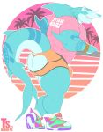  2020 80&#039;s_theme abstract_background absurd_res anthro barazoku big_butt big_muscles bottomwear bulge butt butt_focus clothing english_text exposed_butt fin fish footwear ground_shark hammerhead_shark hi_res hotpants male marine muscular muscular_anthro muscular_male palm_tree pink_clothing pink_shirt pink_topwear railing shark shirt shoes shorts simple_background smile solo standing star_wars tattoo text text_on_clothing thick_thighs topwear tree tylerstark 
