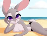  2020 anthro areola arm_support beach buckteeth cloud detailed_background disney female fur grey_body grey_fur head_tuft idrawporn99 judy_hopps lagomorph leaning_on_elbow leporid mammal nipples outside pink_nose purple_eyes rabbit sand sea seaside sky solo teeth tuft water zootopia 