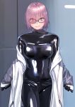  1girl blush bodysuit coat covered_nipples fate/grand_order fate_(series) glasses hair_over_one_eye highres kilye_4421 latex_bodysuit lavender_eyes lavender_hair mash_kyrielight skin_tight solo standing 