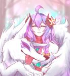  1girl ahoge alternate_costume alternate_hair_color alternate_hairstyle animal_ears blue_hair cherry_blossoms closed_eyes curled_horns flower fur hair_between_eyes hair_flower hair_ornament horns kindred lamb_(league_of_legends) league_of_legends long_hair mary_mo519 purple_hair ribbon sheep_girl smile spirit_blossom_kindred tongue tongue_out twintails white_fur white_hair wolf wolf_(league_of_legends) 