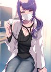  1girl black_shirt breasts cleavage collarbone commentary_request denim doctor eyebrows_visible_through_hair highres indoors jeans labcoat large_breasts long_hair long_sleeves looking_at_viewer mask mole mole_on_breast mole_on_neck mouth_mask original pants pochi_(pochi-goya) ponytail purple_eyes purple_hair shirt sitting solo stethoscope surgical_mask 