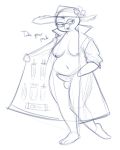  2020 alina_(millyficent) anthro avian balls beak bird breasts clothed clothing coat dialogue english_text exposed eyewear food genitals glasses gynomorph intersex magnetiorchid monochrome navel nipples non-mammal_breasts open_mouth partially_clothed penguin penis popsicle simple_background sketch solo sunhat tapering_penis text topwear trenchcoat white_background 