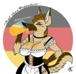  alcohol anthro beer beverage breasts canid canine canis clothed clothing cup digital_media_(artwork) dirndl domestic_dog eyes_closed female fur german_flag german_shepherd german_text hair herding_dog mammal pastoral_dog pinup pose simple_background smile solo text thick_thighs translated unclescooter 