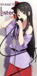  1girl akiyama_mio bangs bare_shoulders belt belt_buckle black_eyes black_hair bow bra_strap buckle cable clothes_writing cowboy_shot eyebrows_visible_through_hair food fruit hair_bow highres holding holding_food holding_fruit k-on! listen!! long_hair microphone off-shoulder_shirt off_shoulder pants purple_shirt red_bow red_pants shirt short_sleeves simple_background solo star741 strawberry very_long_hair white_background 