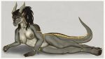  2019 5_fingers akara_(wisemans) anthro biped black_body black_claws black_hair black_scales breasts claws dragon female fingers full-length_portrait genitals grey_body grey_scales hair hi_res horn long_tail looking_at_viewer lying medium_breasts nipple_piercing nipples non-mammal_breasts nude on_side piercing portrait pussy scales scalie signature snout solo wisemans yellow_body yellow_eyes yellow_scales 