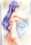  1girl aono_miki ass bathroom blue_eyes breasts cowboy_shot fresh_precure! hanzou highres holding holding_towel long_hair looking_at_viewer looking_back medium_breasts nipples nude open_mouth precure profile purple_hair shiny shiny_hair solo standing straight_hair towel very_long_hair 