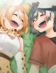  2girls animal_ears bare_shoulders belt black_hair blonde_hair blush bow bowtie closed_eyes commentary_request elbow_gloves extra_ears eyebrows_visible_through_hair fang gloves grass helmet high-waist_skirt highres isobee kaban_(kemono_friends) kemono_friends lying multiple_girls on_back on_grass pith_helmet print_gloves print_neckwear print_skirt red_shirt serval_(kemono_friends) serval_ears serval_girl serval_print shirt short_hair short_sleeves skirt sleeveless smile t-shirt white_shirt 