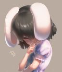  1girl animal_ears black_hair brown_background bunny_ears closed_eyes dress highres inaba_tewi laughing monosenbei pink_dress puffy_short_sleeves puffy_sleeves ribbon-trimmed_sleeves ribbon_trim short_sleeves simple_background smile solo teeth touhou upper_body 