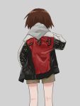  1girl bomber_jacket brown_hair brown_shorts commentary dated_commentary facing_away from_behind grey_background highres hood hood_down hoodie jacket kill_me_baby kneepits long_sleeves nadegata oribe_yasuna short_hair shorts simple_background solo standing 