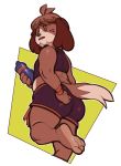  2020 3_toes 4_fingers accessory animal_crossing anthro barefoot beady_eyes belly big_butt bottle bottomwear brown_body brown_fur brown_hair brown_nose butt canid canine canis clothing countershade_face countershade_torso countershading crop_top digby_(animal_crossing) dipstick_tail domestic_dog fingers freckles fur hair hand_on_butt headband hi_res holding_bottle holding_object looking_at_viewer looking_back male mammal midriff multicolored_tail nintendo on_one_leg rear_view shih_tzu shirt shorts sleeveless_shirt slightly_chubby solo standing submarine_screw surprise sweatband toes topwear toy_dog video_games water_bottle wristband 