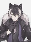  1boy animal_ears black_coat black_gloves black_hair buckle buttons coat dog_ears fur_trim gloves grin holostars jacket kageyama_shien long_sleeves looking_at_viewer male_focus multicolored_hair necktie nr_hlst purple_scarf scarf short_hair simple_background smile solo standing streaked_hair teeth upper_body virtual_youtuber white_hair white_neckwear yellow_eyes zipper 