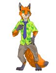 2020 anthro barefoot bottomwear canid canine claws clothed clothing dipstick_ears disney fox full-length_portrait fully_clothed fur gloves_(marking) green_eyes inner_ear_fluff male mammal markings multicolored_ears necktie nick_wilde orange_body orange_fur pants portrait red_fox shirt simple_background smile solo toe_claws topwear tuft white_background wrenchthrower zootopia 