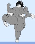  2019 3_toes angstrom anthro big_breasts big_butt biped black_hair breasts butt digital_media_(artwork) domestic_cat felid feline felis female fighting_pose fur genitals grey_body grey_fur hair hi_res huge_breasts huge_butt hyper hyper_breasts mammal muscular muscular_anthro muscular_female muscular_thighs nipples pose pussy raised_leg solo thick_thighs toes wide_hips 