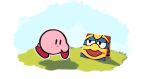  blue_sky grass highres king_dedede kirby kirby_(series) looking_at_another paper paper_mario:_the_origami_king parody sky style_parody suyasuyabi 