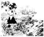  1girl absurdres architecture black_hair black_neckwear black_skirt building cloud commentary_request east_asian_architecture fan fog from_side greyscale hand_up hat highres holding holding_fan landscape leaf leaf_fan maple_leaf monochrome moriya_shrine mountain neck_ribbon onbashira outdoors pointy_ears pom_pom_(clothes) ribbon scenery shameimaru_aya shirt short_hair short_sleeves skirt solo tokin_hat torii touhou white_shirt yamame_jinja 