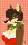  anthro blue_eyes breasts brown_body brown_fur candy candy_cane canid canine canis christmas clothed clothing digital_media_(artwork) female food fur hair hi_res holidays lollipop looking_at_viewer lucy_lupa mammal pinup pose simple_background smile solo teeth unclescooter wolf 