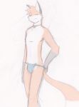  anthro bell bell_collar brown_pawpads bulge canid canine collar eyes_closed facing_viewer fox fur grin hand_on_butt jingle_bell long_tail male male_focus mammal orange_body orange_fur orange_tail pawpads pulling_underwear sketch smile solo tohfu topless_male 