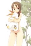  1girl animal breasts brown_eyes brown_hair cowboy_shot hair_ribbon hare_(monster_farm) highres holding holding_animal holly_(monster_farm) long_hair low_ponytail miyako_(naotsugu) monster_farm nude pubic_hair red_ribbon ribbon small_breasts tree white_background 