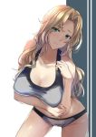  1girl blonde_hair blue_eyes blush breasts cleavage collarbone cowboy_shot hair_over_one_eye hornet_(kantai_collection) kantai_collection kuurunaitsu large_breasts leaning_forward panties pantyhose tank_top two-tone_panties underwear wavy_hair 