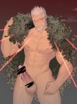  1boy abs bar_censor bara beard censored chest cigarette closed_mouth coat earrings erection facial_hair fate/grand_order fate_(series) glasses highres hunterkay jewelry laser looking_at_viewer male_focus male_underwear manly muscle navel nipples pectorals penis penis_peek precum shirtless silver_hair smoking solo underwear william_tell_(fate/grand_order) 