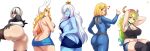  5girls :o absurdres adventure_time animal_ears animal_hood ass backless_dress backless_outfit black_eyes black_legwear black_tank_top blindfold blonde_hair blue_hair blue_skin breasts bunny_ears bunny_hood crown denim denim_shorts dress fallout fallout_4 fionna_the_human_girl genderswap genderswap_(mtf) green_eyes green_hair heart highres hood ice_queen jmg kobayashi-san_chi_no_maidragon large_breasts long_hair medium_hair meme_attire multicolored_hair multiple_girls nier_(series) nier_automata one_eye_closed quetzalcoatl_(maidragon) short_hair shorts tank_top thighhighs thighs vault_girl vault_suit virgin_killer_sweater white_background white_eyes white_hair yorha_no._2_type_b 