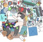  2020 anthro barely_visible_genitalia barely_visible_penis belly butt clothing computer duo eyes_closed genitals hi_res hug human humanoid_hands kemono lying male male/male mammal nintendo nintendo_switch overweight overweight_male penis plushie s_ouo shirt sleeping tokyo_afterschool_summoners topwear tsathoggua video_games 