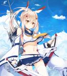  1girl absurdres ayanami_(azur_lane) azur_lane blue_sky blurry choker cloud cloudy_sky commentary_request depth_of_field detached_sleeves dual_wielding hair_ornament hairclip head_tilt highres holding holding_sword holding_weapon long_hair looking_at_viewer machinery midriff navel ocean orange_eyes parted_lips pleated_skirt ponytail retrofit_(azur_lane) sailor_collar school_uniform serafuku shirua_(s4-42424) silver_hair skirt sky solo sword thighhighs water_drop weapon white_legwear wide_sleeves wind zettai_ryouiki 