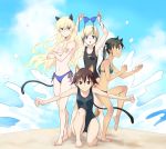  4girls absurdres agahari animal_ears armpits bikini bikini_top_removed black_swimsuit blonde_hair blue_bikini blue_eyes blush breasts cat_ears cat_tail collarbone erica_hartmann eyebrows_visible_through_hair francesca_lucchini glasses green_bikini grin hair_ornament hair_ribbon highres long_hair looking_at_viewer miyako_yoshika multiple_girls navel ocean open_mouth outdoors perrine_h_clostermann raccoon_ears raccoon_tail ribbon short_hair side-tie_bikini sky small_breasts smile strike_witches swimsuit swimwear tail topless waving world_witches_series yellow_eyes 